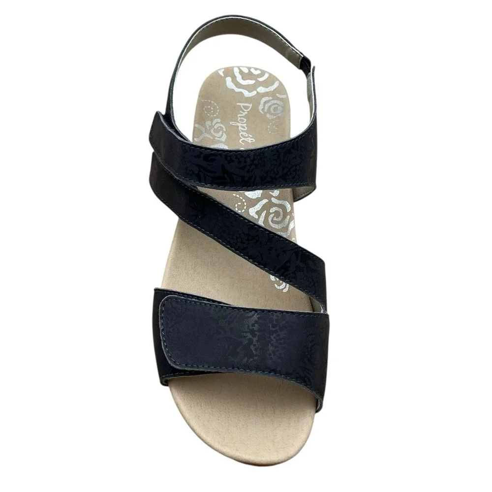 Propet Women's Millie Wedge Leather Sandal Size 9.5 WIDE WIDTH Navy Blue Tan - Picture 5 of 12